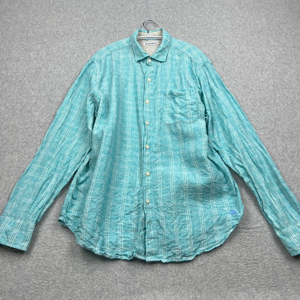 Tommy Bahama Shirt Mens Large Blue Ventana Plaid 100% Linen Button Long Sleeve